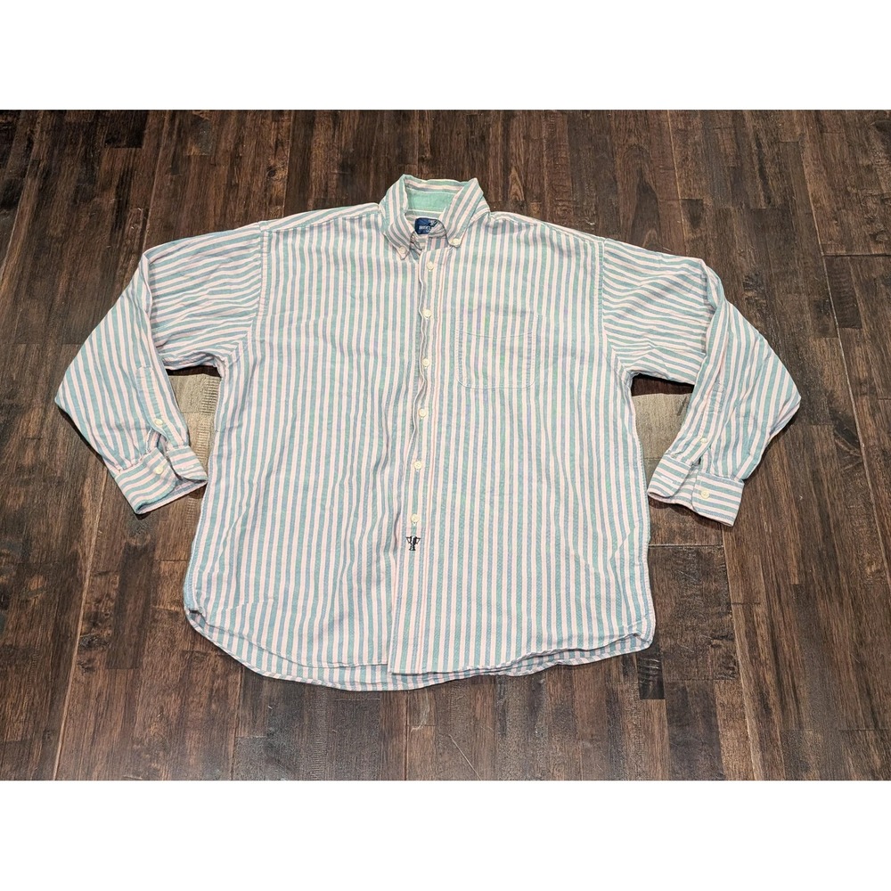 Vintage Regatta Sport Shirt Mens Large Pink Green Stripe‎ Retro Button Down 90s